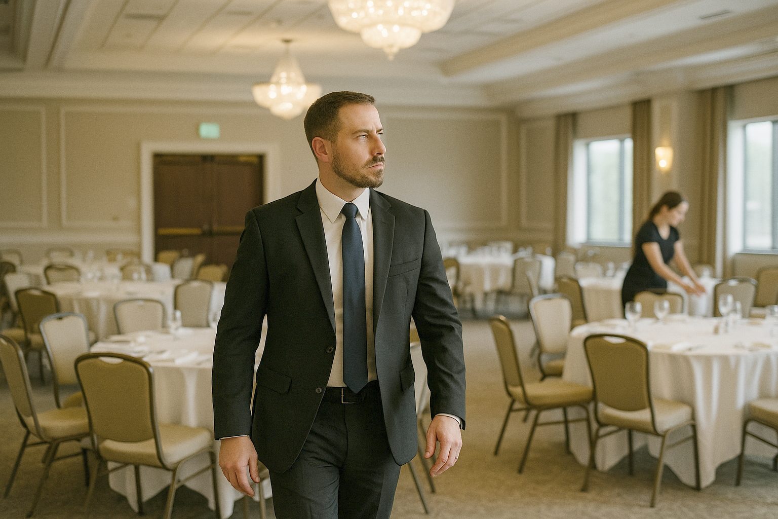 A protection agent walking through an empty hotel ballroom checking exits before an event, tables being set