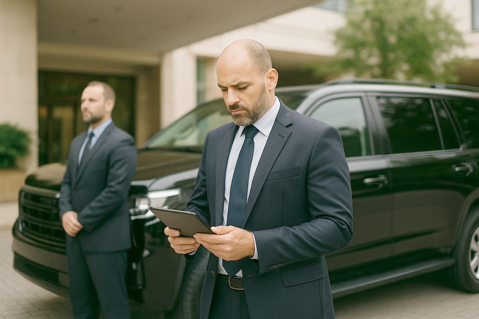 A protection team lead in a dark suit checking a tablet beside a black SUV in a hotel driveway, a colleague nearby