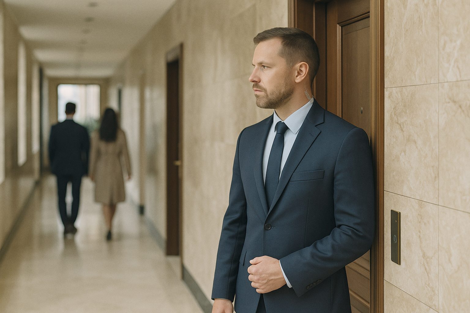 A discreet protection agent in a navy suit standing calmly by a hotel suite door in a marble corridor, guests blurred far behind