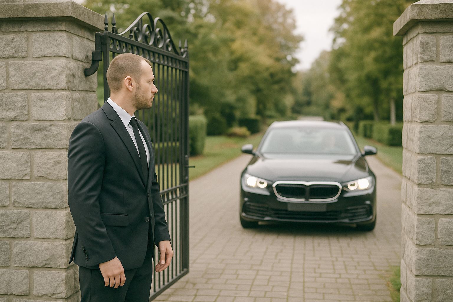 A security professional in a dark suit at the gated entrance of a private estate with stone pillars, a car arriving