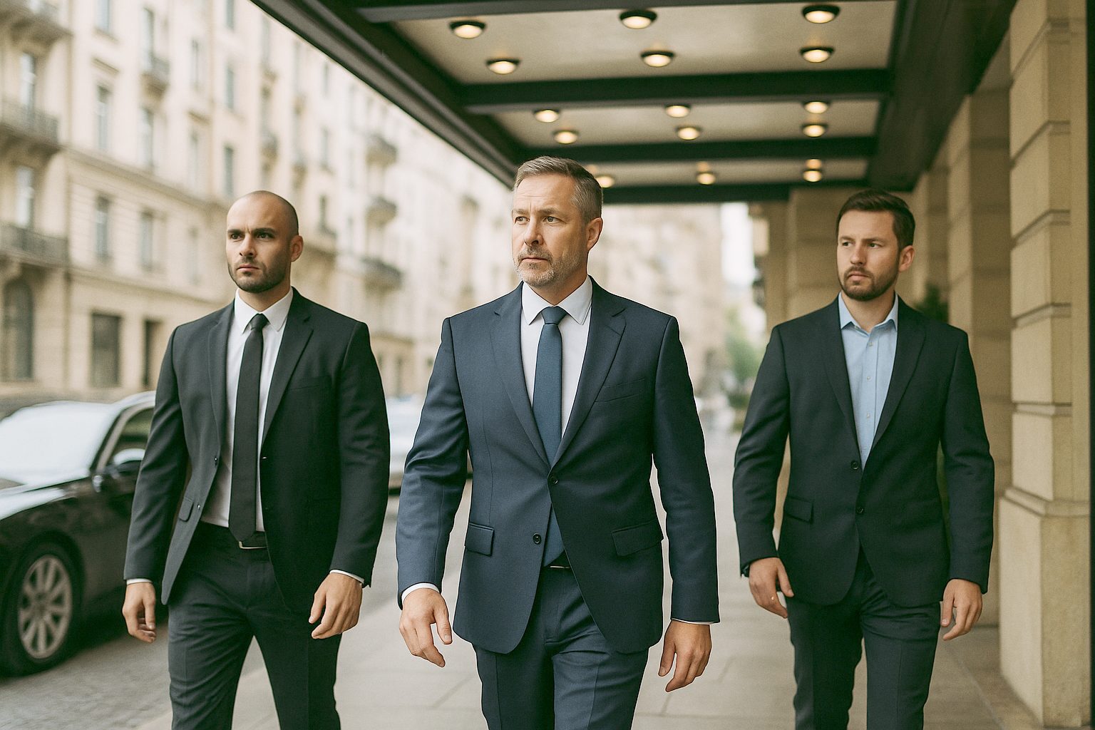 An executive walking under a luxury hotel entrance canopy in a foreign city, flanked by two agents in dark suits