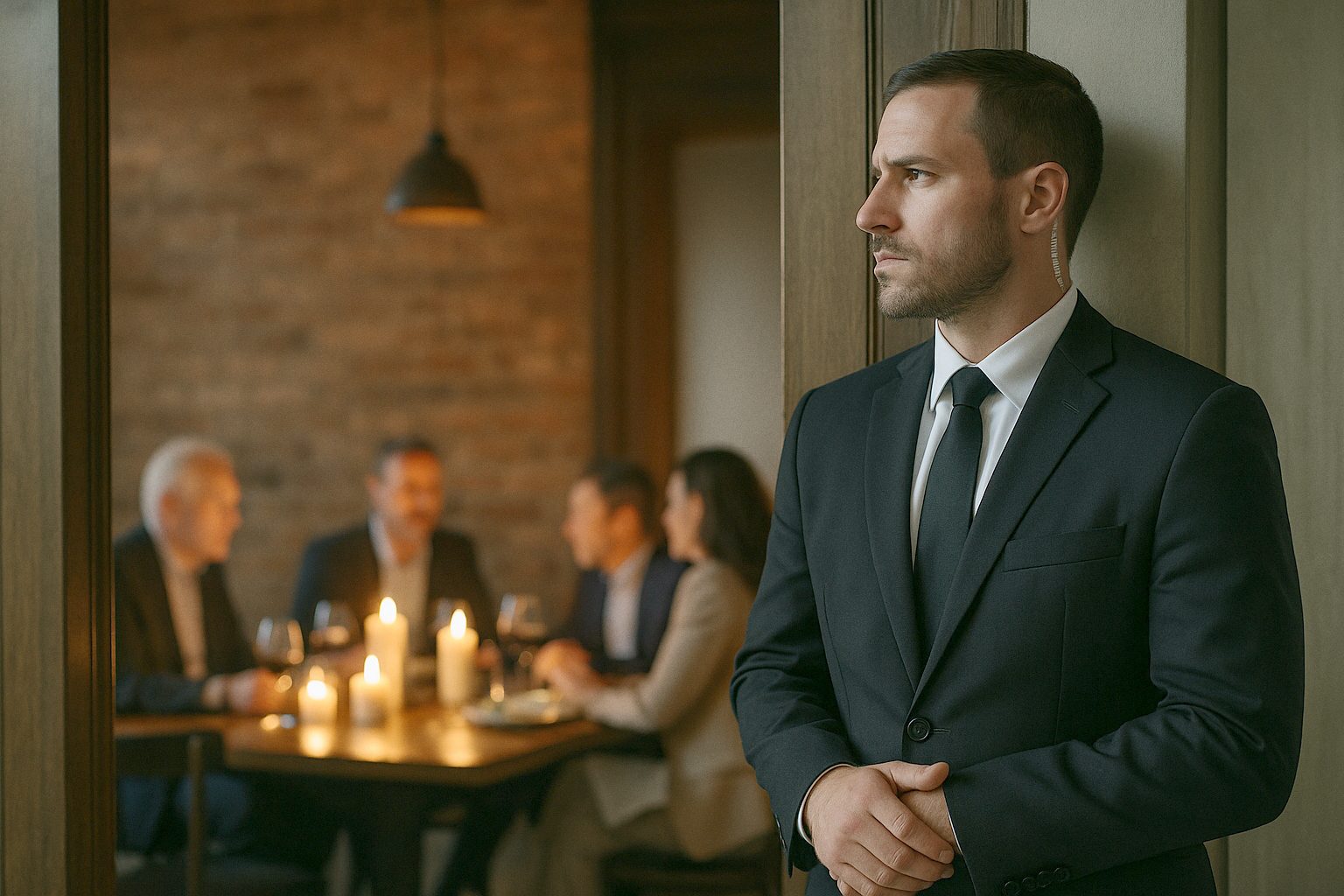 A discreet protection agent near the entrance of a candlelit private dining room while investors dine, softly blurred
