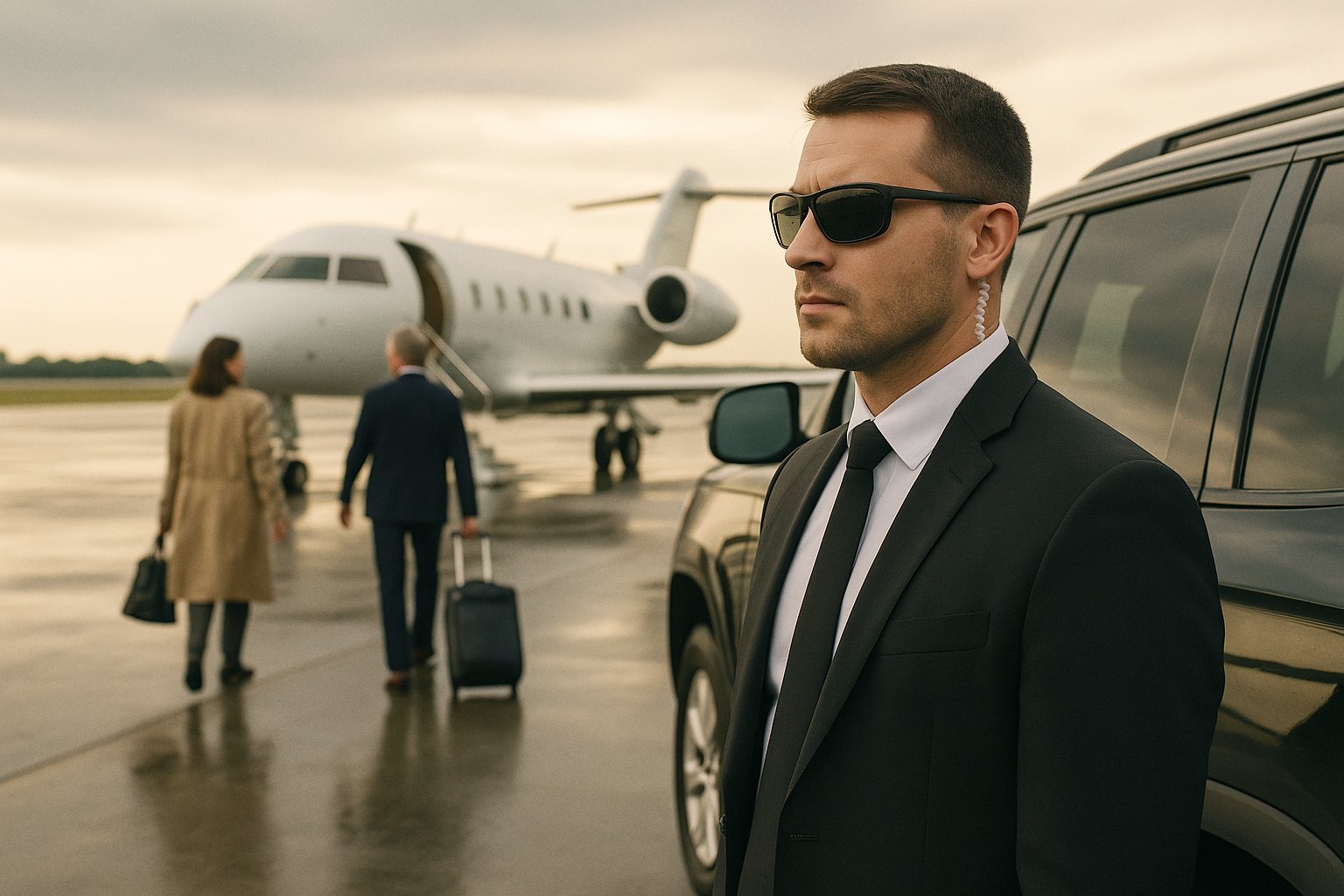 A protection agent with sunglasses and an earpiece beside a black SUV on a wet tarmac, travellers walking to a private jet