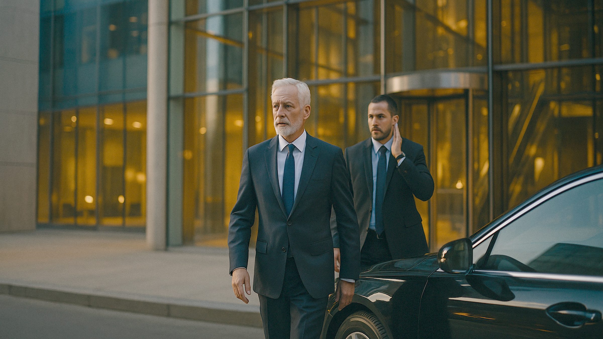 A senior executive in a navy suit walking out of a modern glass office tower in warm late-afternoon light, a discreet protect
