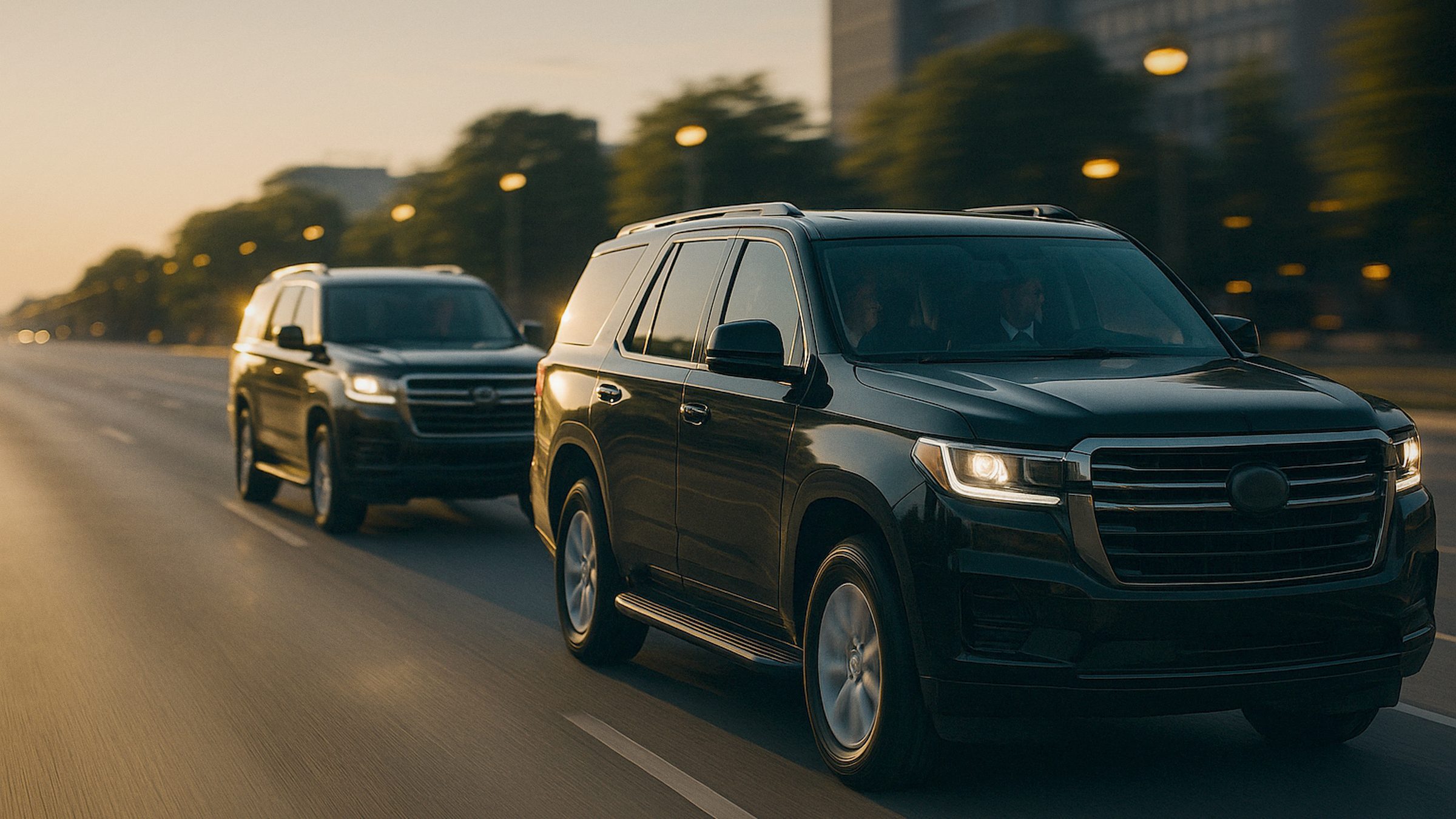 A convoy of two polished black executive SUVs driving along a wide city boulevard in warm late-afternoon light, sunlight refl