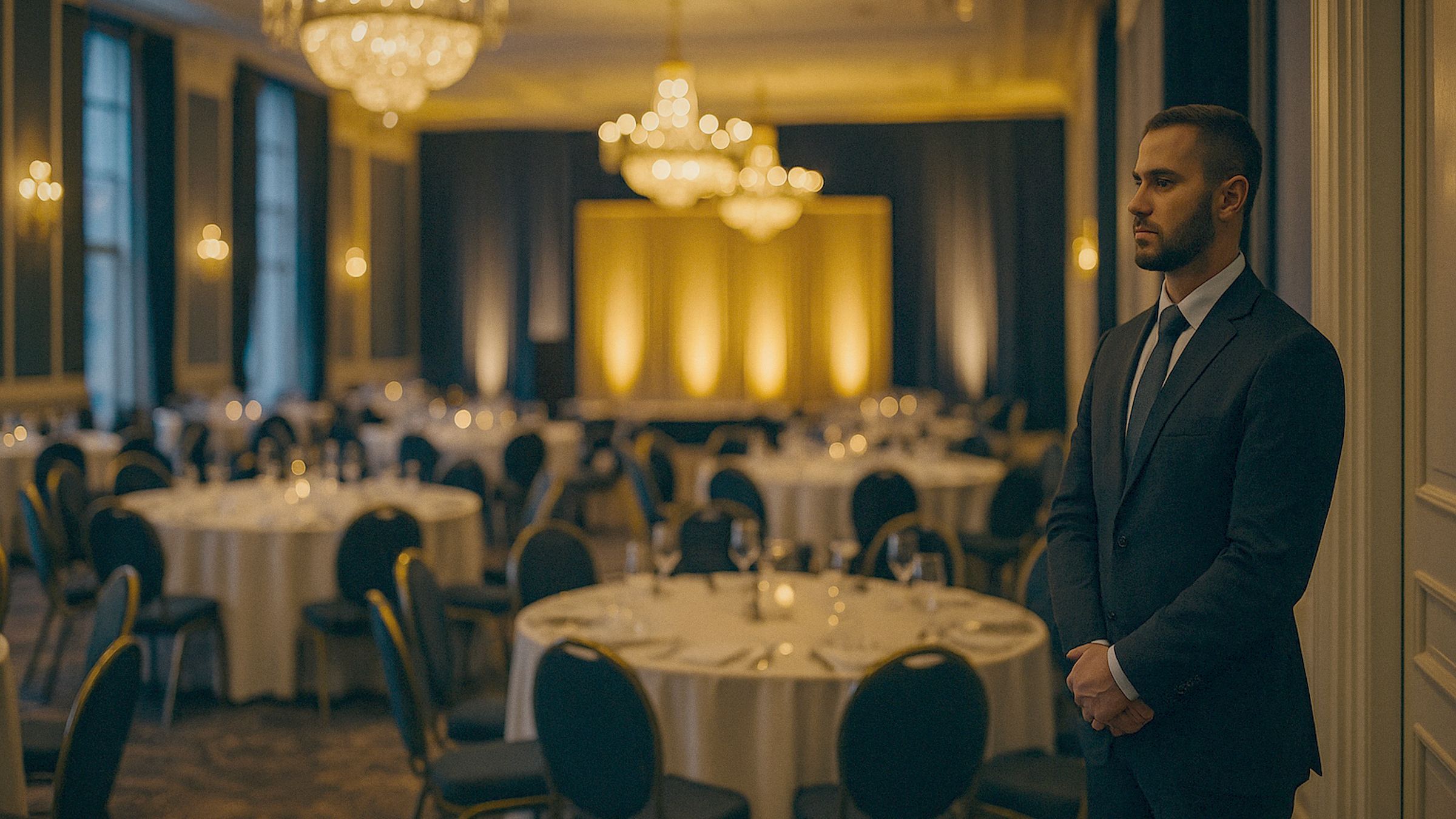 An elegant ballroom prepared for an investor conference, round tables with white linen, warm chandeliers, a stage with soft g