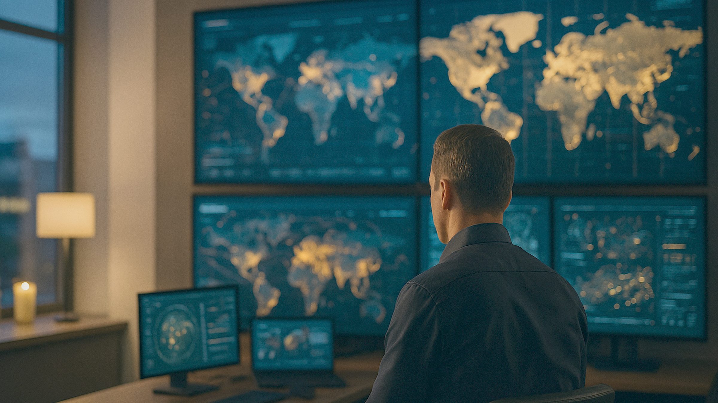 A calm, modern intelligence operations room in the early evening while the sky is still bright, an analyst in a dark shirt se