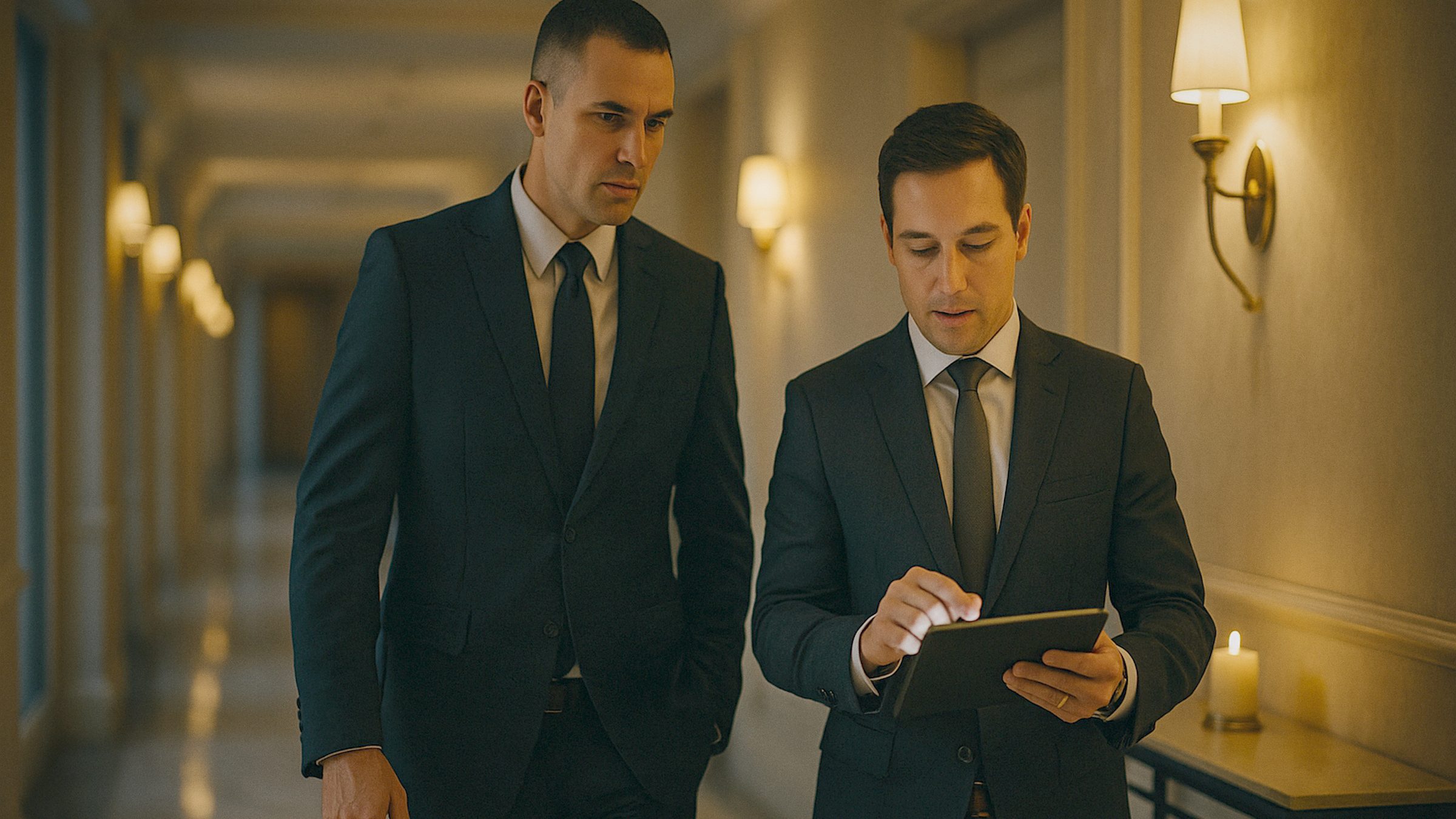 An advance security professional in a dark suit walking through a quiet luxury hotel corridor with a hotel manager, reviewing