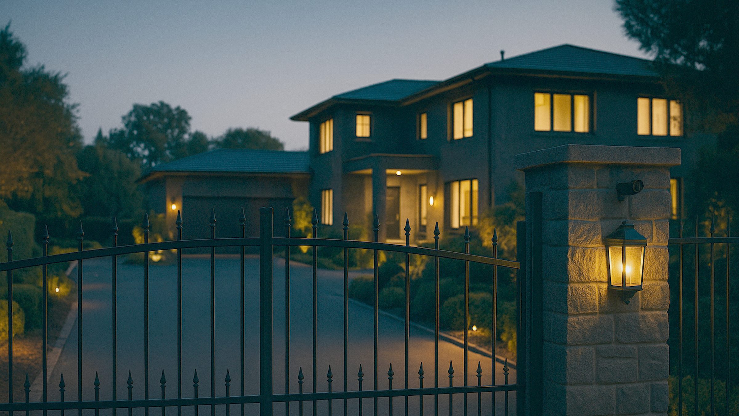 A modern luxury estate in warm late-afternoon light behind an elegant gated entrance, discreet exterior security lighting, a 