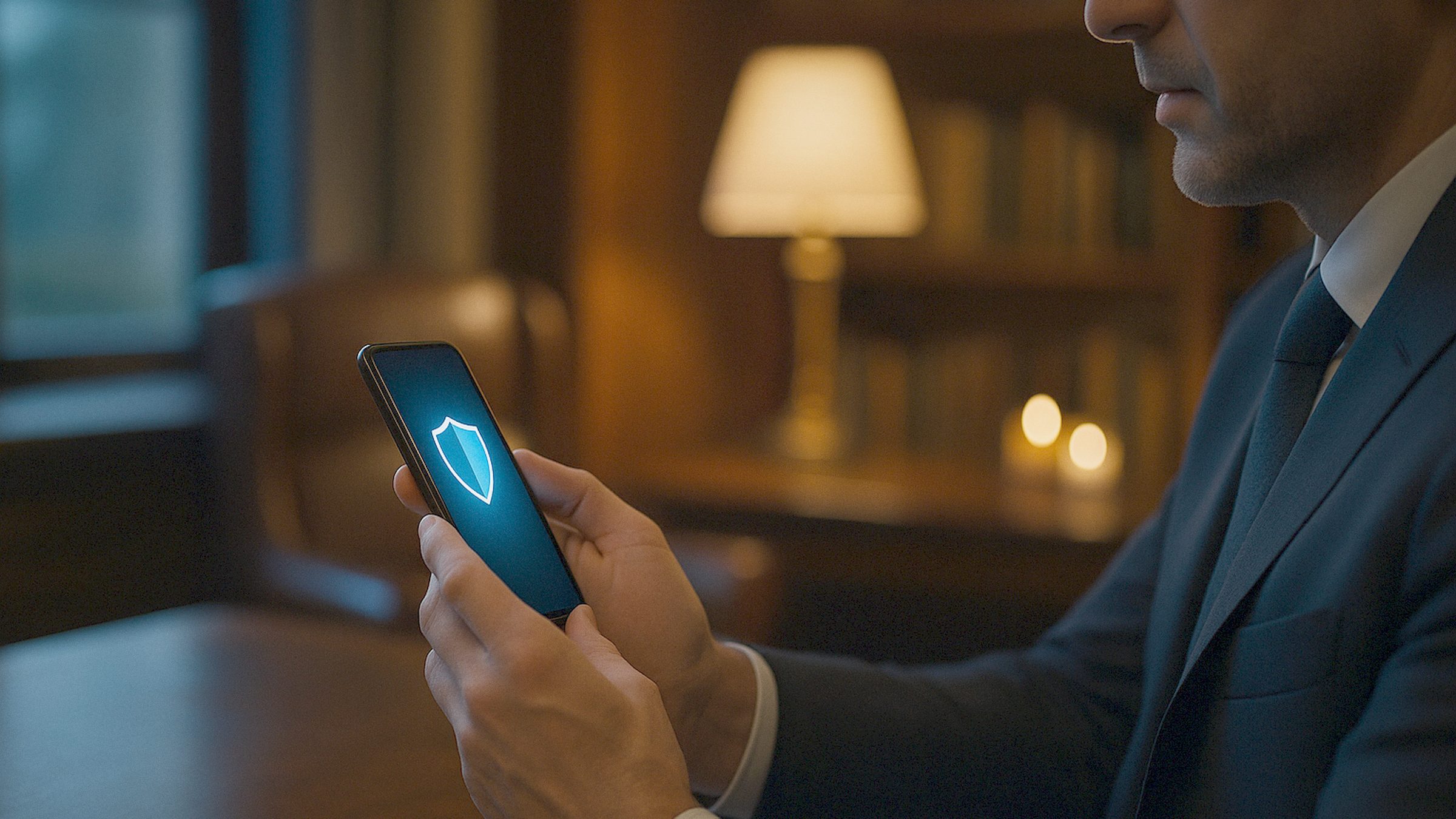 An executive's hands holding a smartphone in a private study lit by soft window daylight, the screen glowing softly with an a