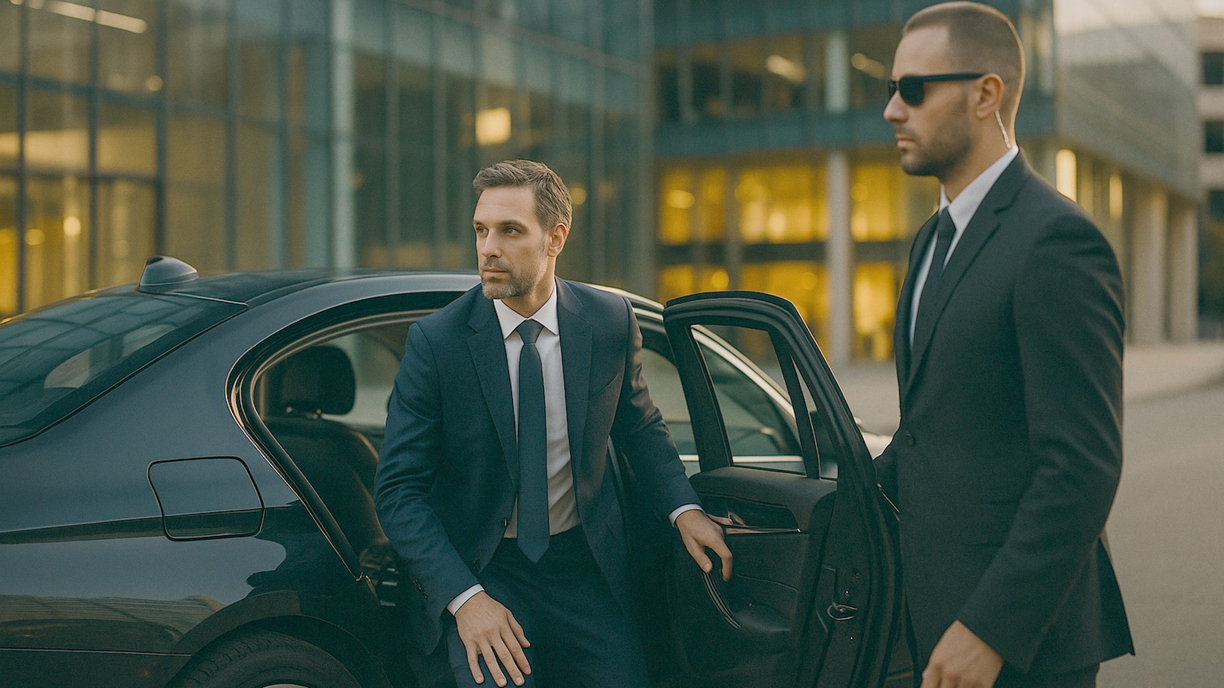 A founder in a tailored suit stepping out of a black executive car in front of a modern corporate headquarters in bright gold