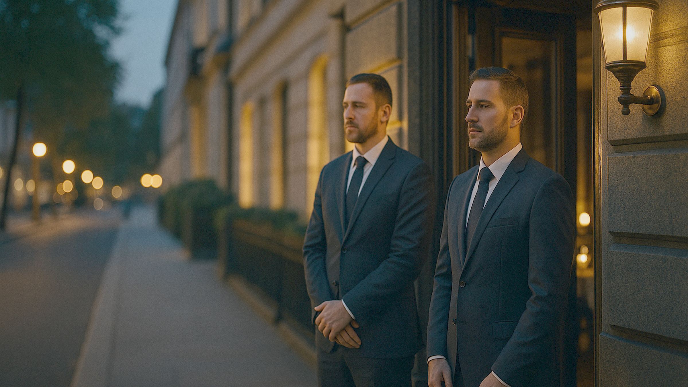 Two protection professionals in dark suits standing calmly at the entrance of a private members' club in warm late-afternoon 