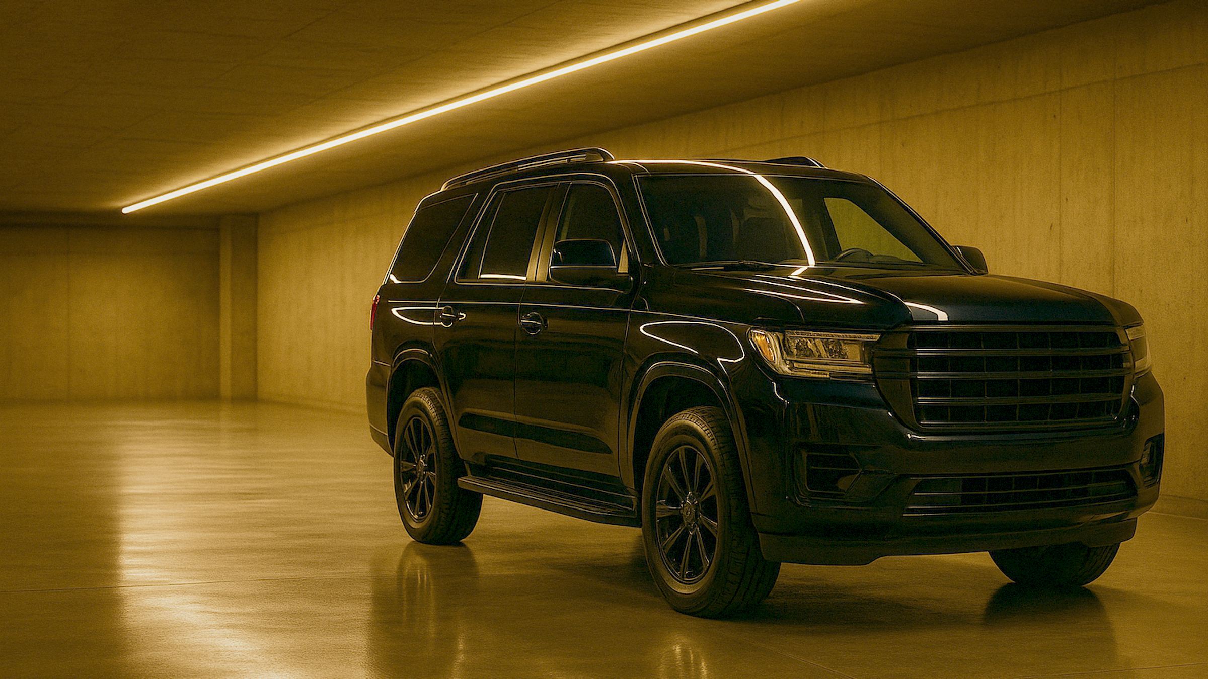 A heavy, polished black armored SUV parked in a private underground garage with bright warm gold strip lighting, well lit, re