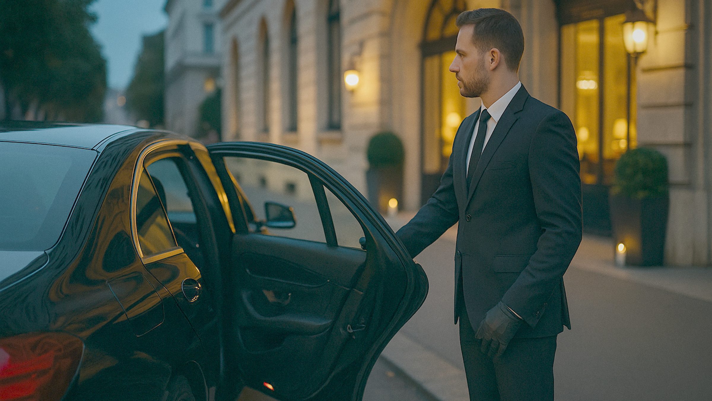 A professional chauffeur in a dark suit and gloves holding open the rear door of a black luxury sedan outside a grand hotel i