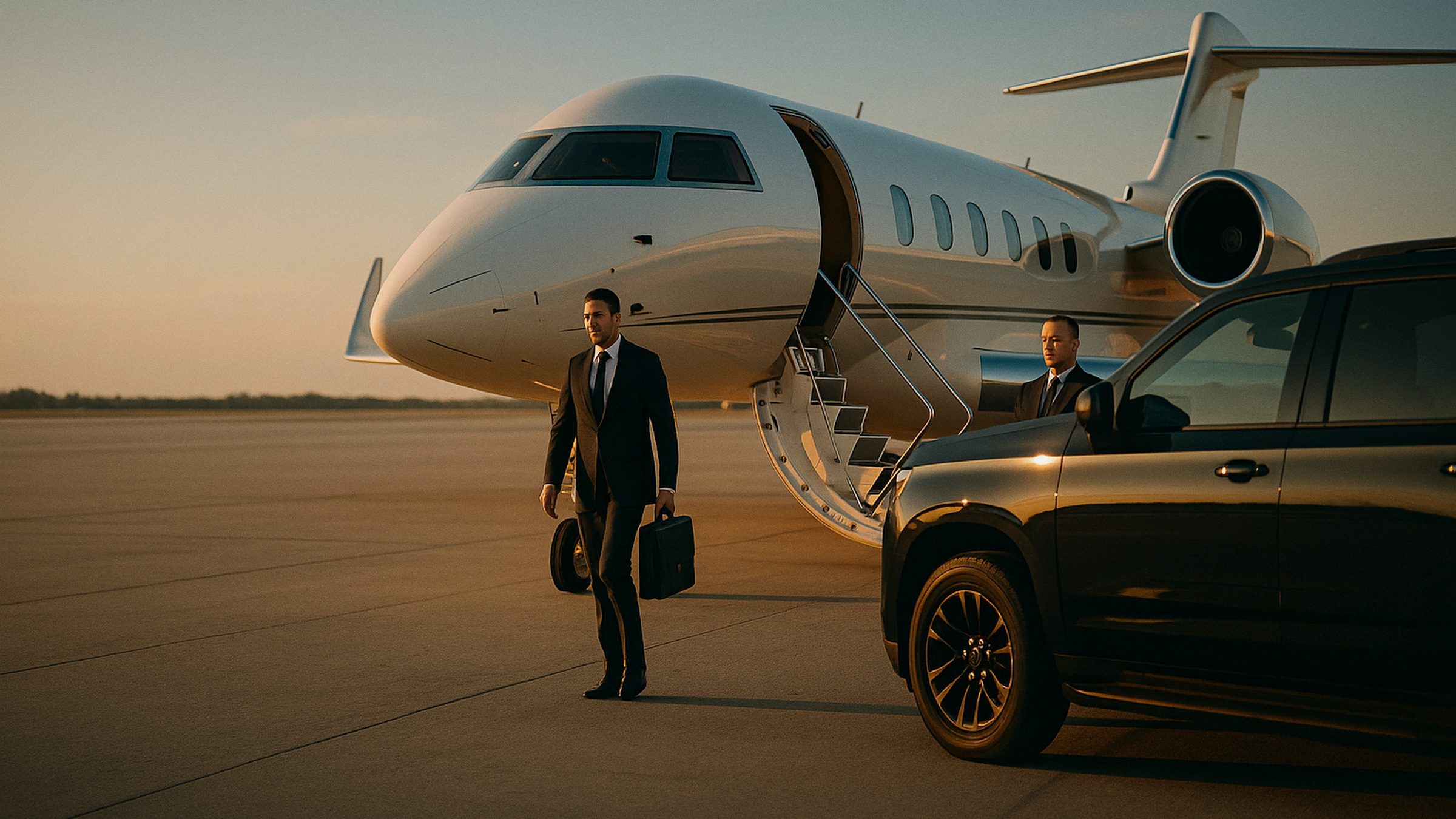An executive descending the airstairs of a private business jet in warm late-afternoon sun on a quiet ramp, a black SUV waiti