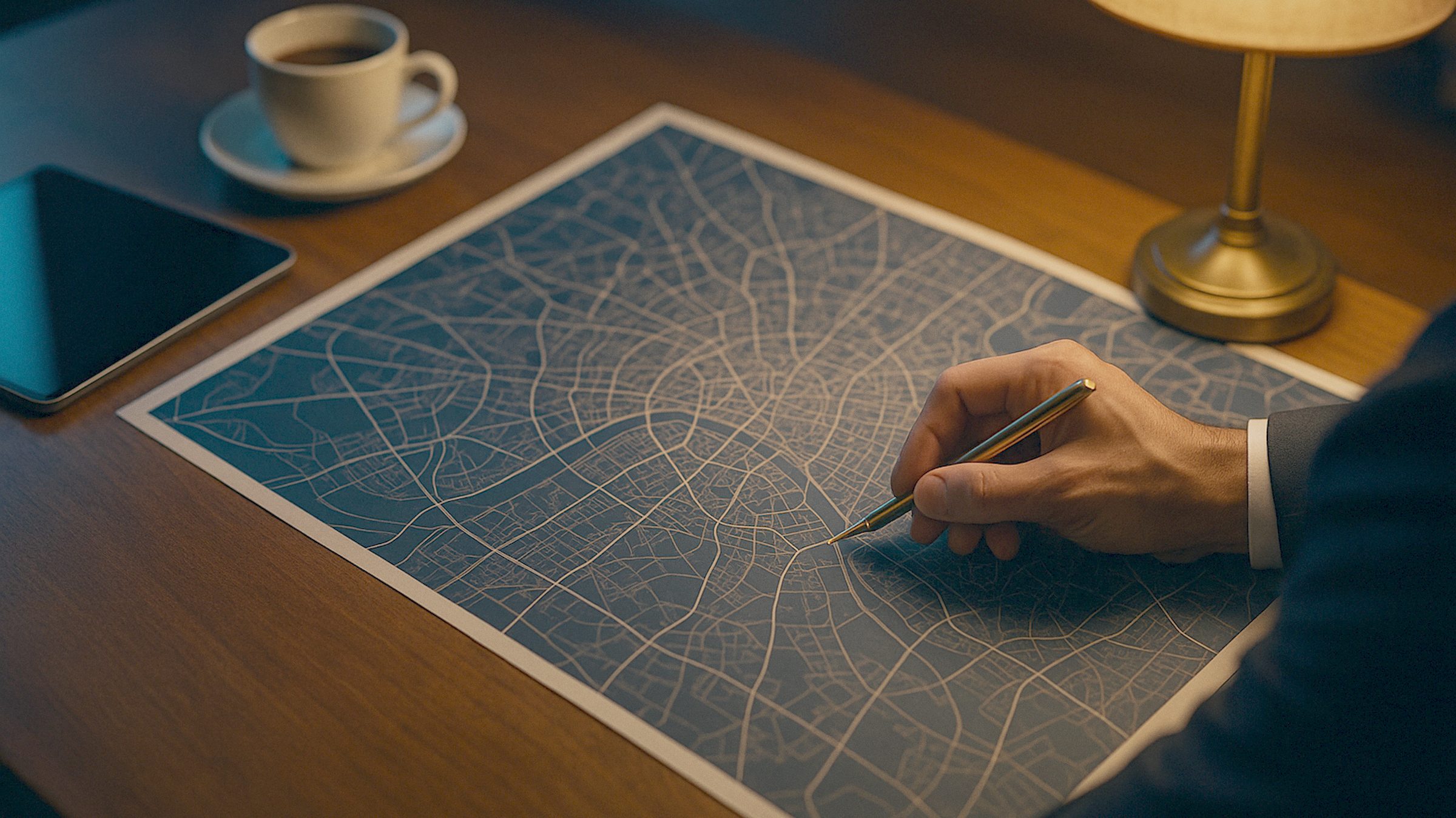 An elegant overhead view of a large city map spread on a rich wood table, a hand tracing a route with a gold pen, a tablet an