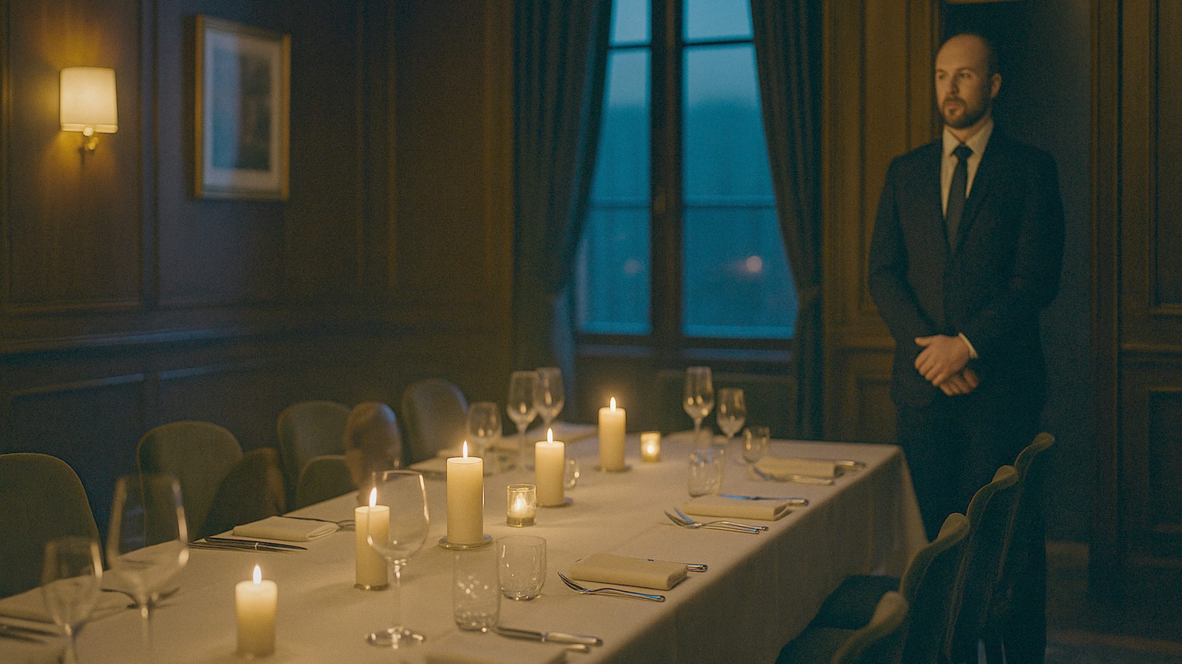 An intimate private dining room set for an investor dinner, long table with candles, crystal glasses and white linen, wood-pa