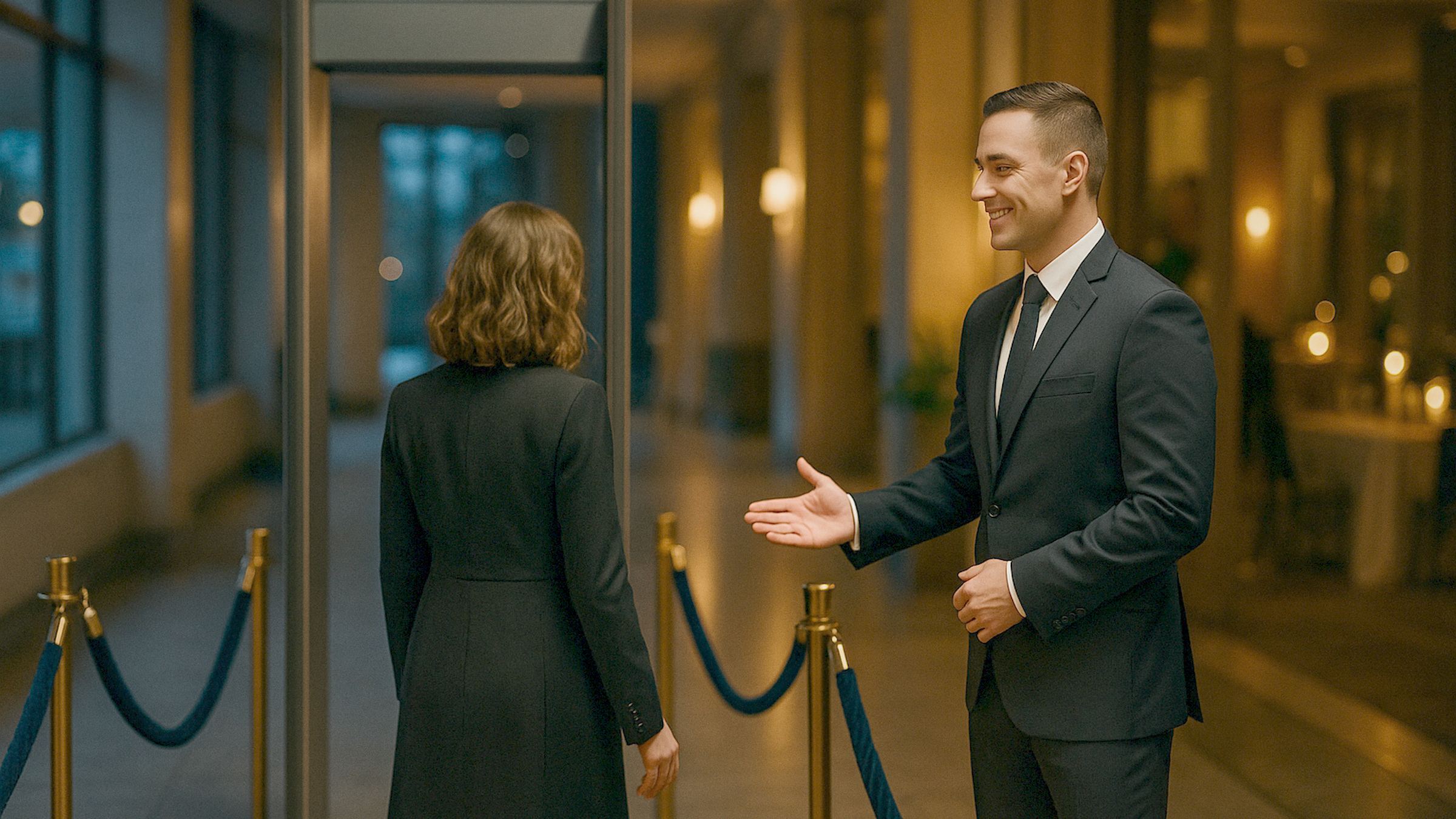 An elegant event entrance with a sleek walk-through metal detector framed by velvet ropes, a courteous security professional