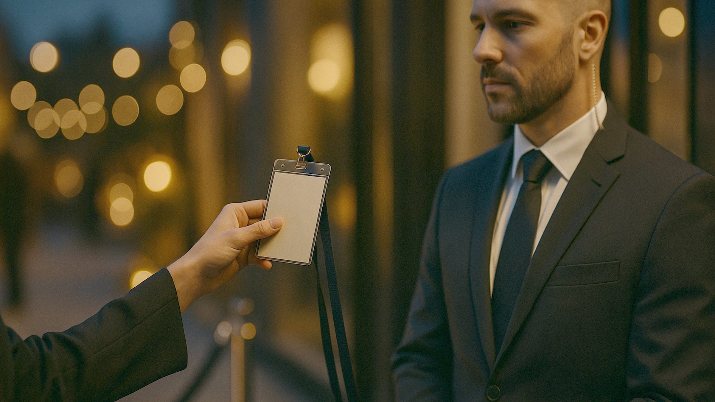A guest's hand presenting an elegant event credential badge on a lanyard to a security professional at a VIP entrance, warm g
