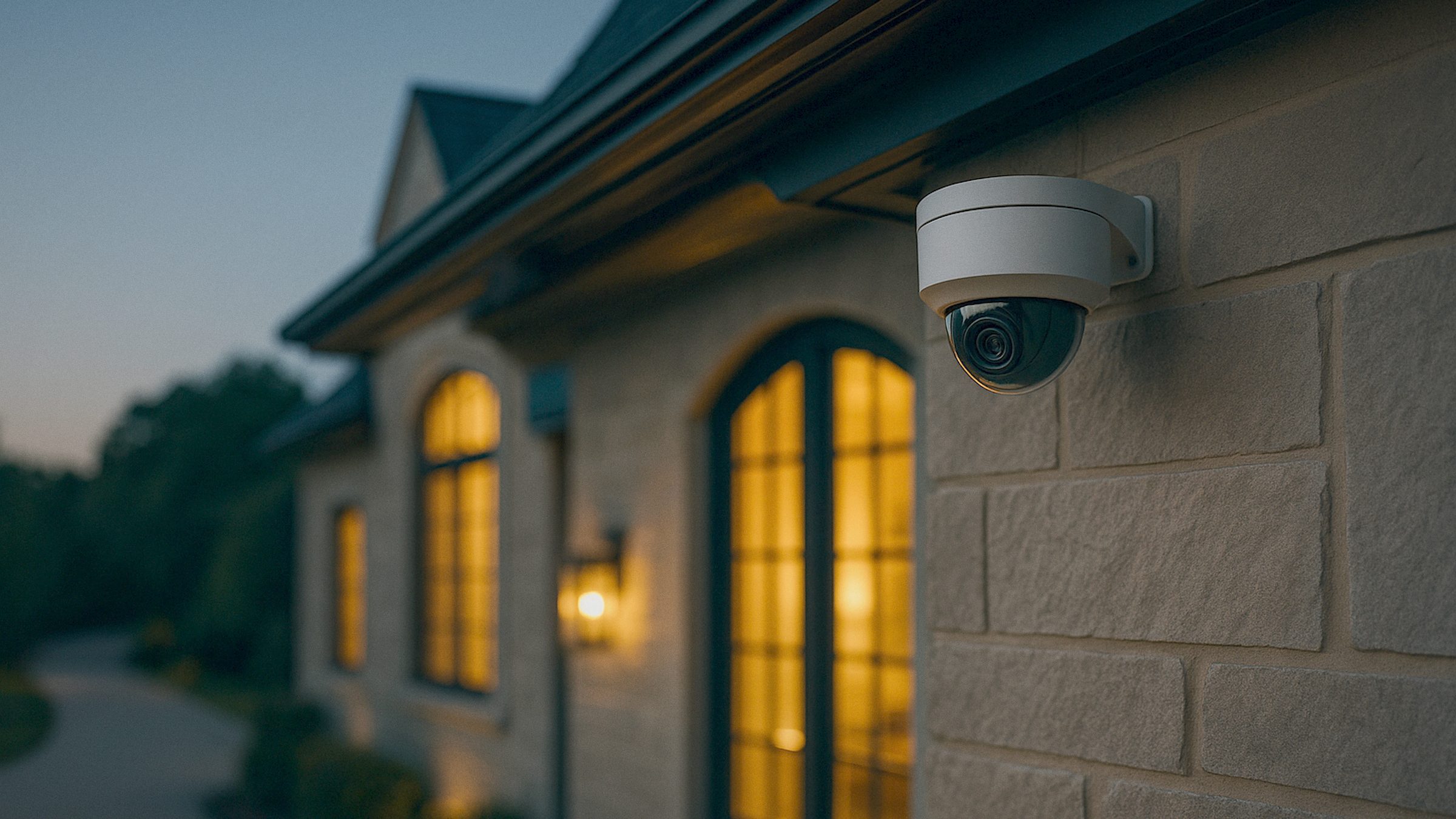 A sleek modern security camera mounted discreetly under the eave of an elegant stone residence in warm late-afternoon light, 
