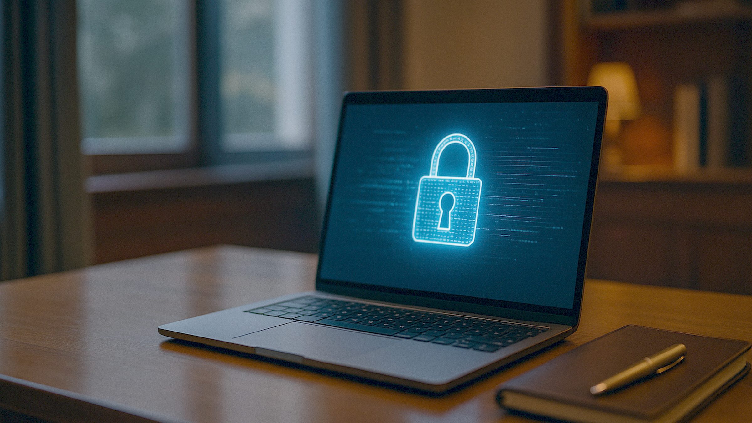 A laptop open on a walnut desk in a private study lit by soft window daylight, the screen showing an abstract glowing blue pa
