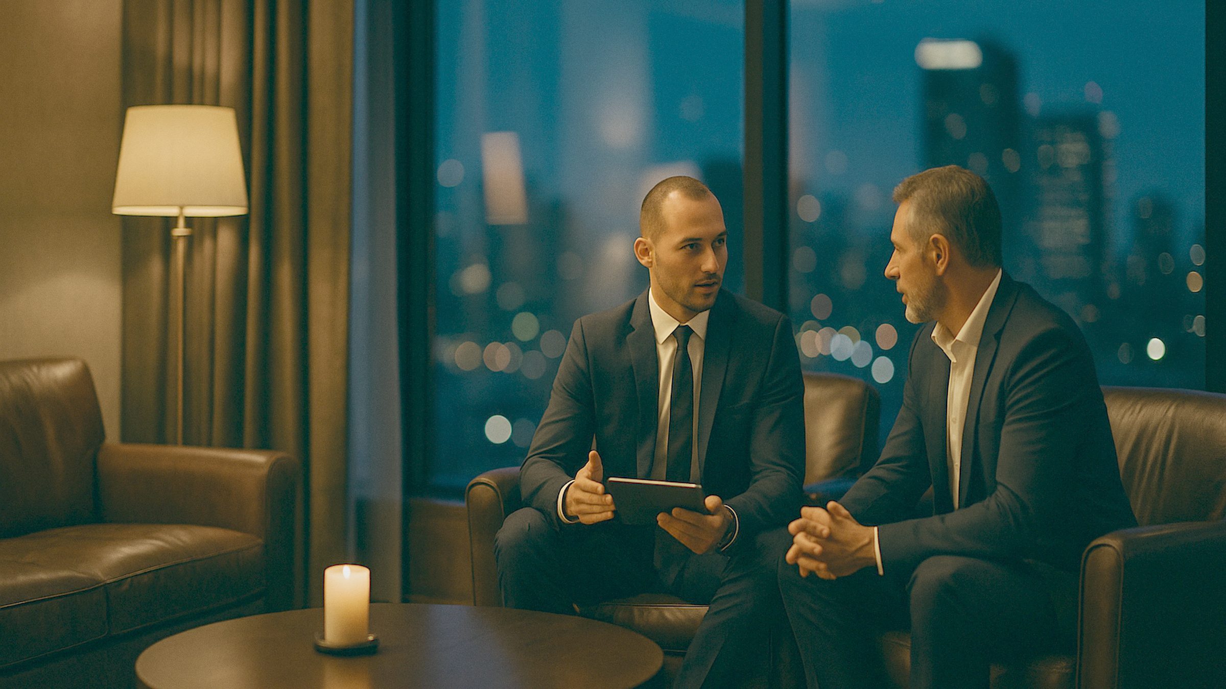 An elegant private consultation in a luxury lounge, an advisor in a dark suit and an executive seated in leather armchairs wi
