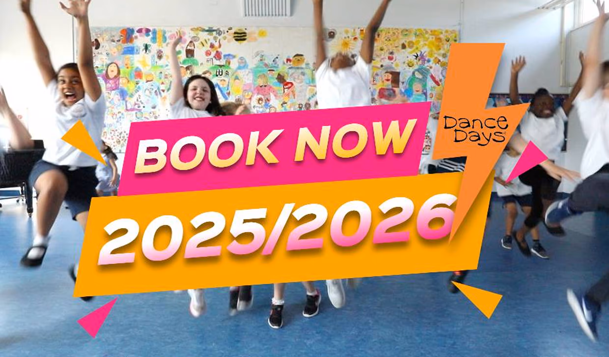 Colorful promotional banner encouraging schools to book their next dance workshop, featuring excited kids and bold CTA.