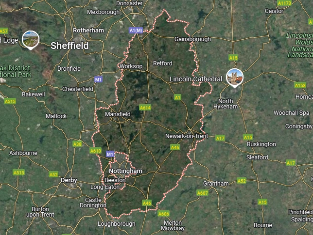 Map of Nottinghamshire, UK – Dance Days school dance workshops location.