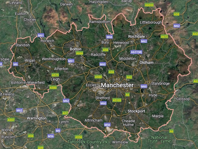 Map of Greater Manchester, UK – Dance Days dance workshops available for schools.