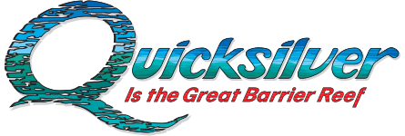 Quicksilver logo with stylized letter Q featuring ocean waves, and red text reading 'Is the Great Barrier Reef'.