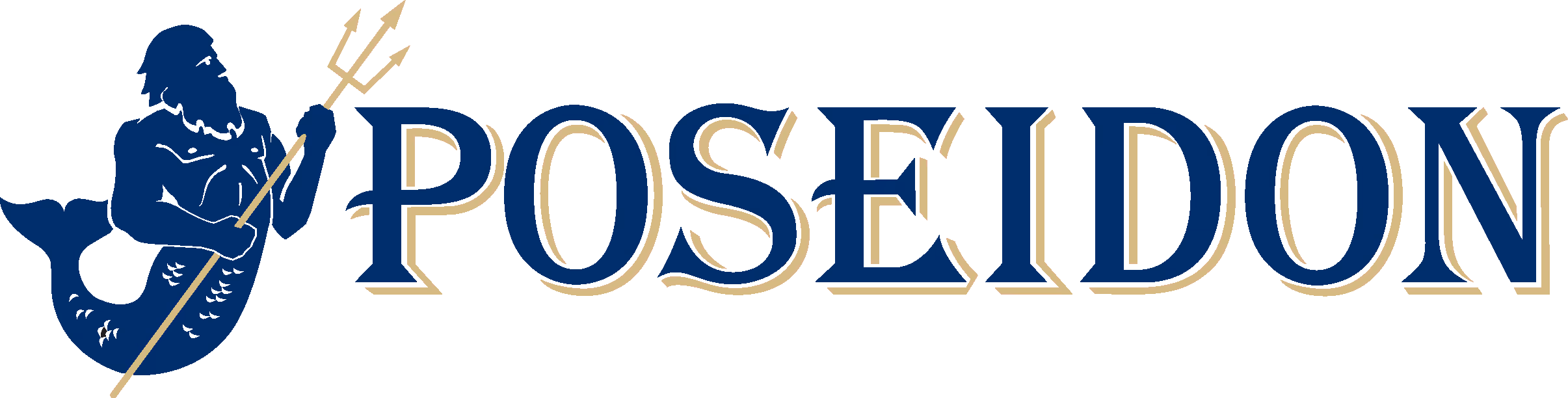 Poseidon logo featuring a navy blue merman holding a beige trident next to the word 'POSEIDON' in large navy blue serif letters with beige outlines.