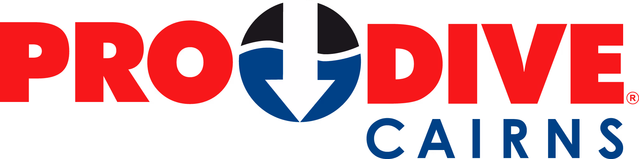 Pro Dive Cairns logo with bold red PRO DIVE text and a central circle featuring a white downward arrow on a black and blue background.