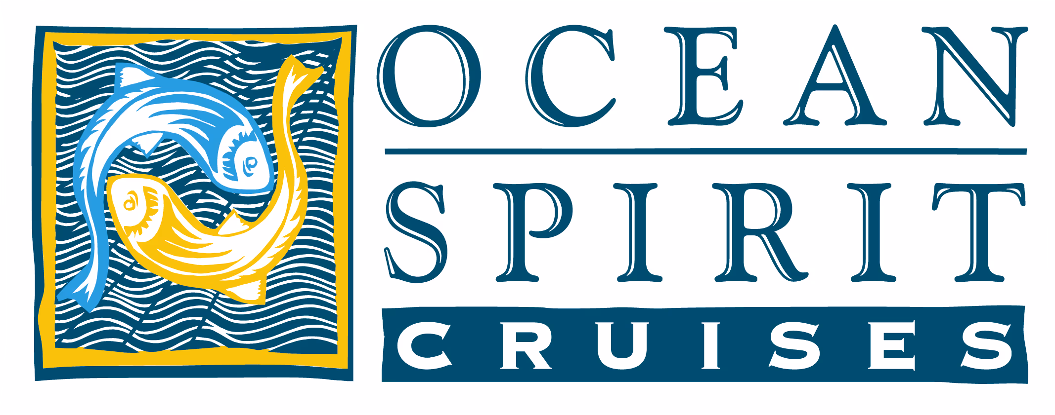 Logo with two stylized fish, one blue and one yellow, circling each other inside a square next to the text 'Ocean Spirit Cruises'.
