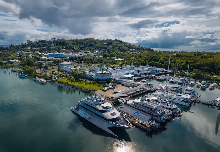 Aerial view of the Port Douglas marina with several docked boats, surrounded by green vegetation and buildings under a cloudy sky.