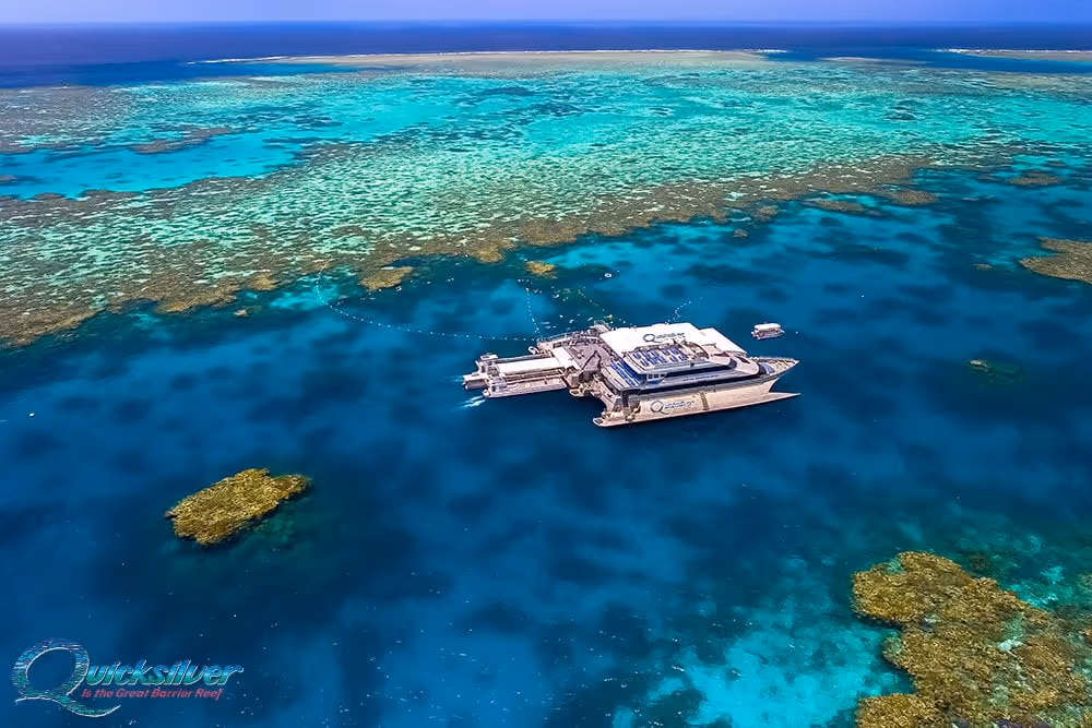 Aerial view of the Quicksilver Cruises pontoon platform boat anchored in clear turquoise waters of a coral reef.