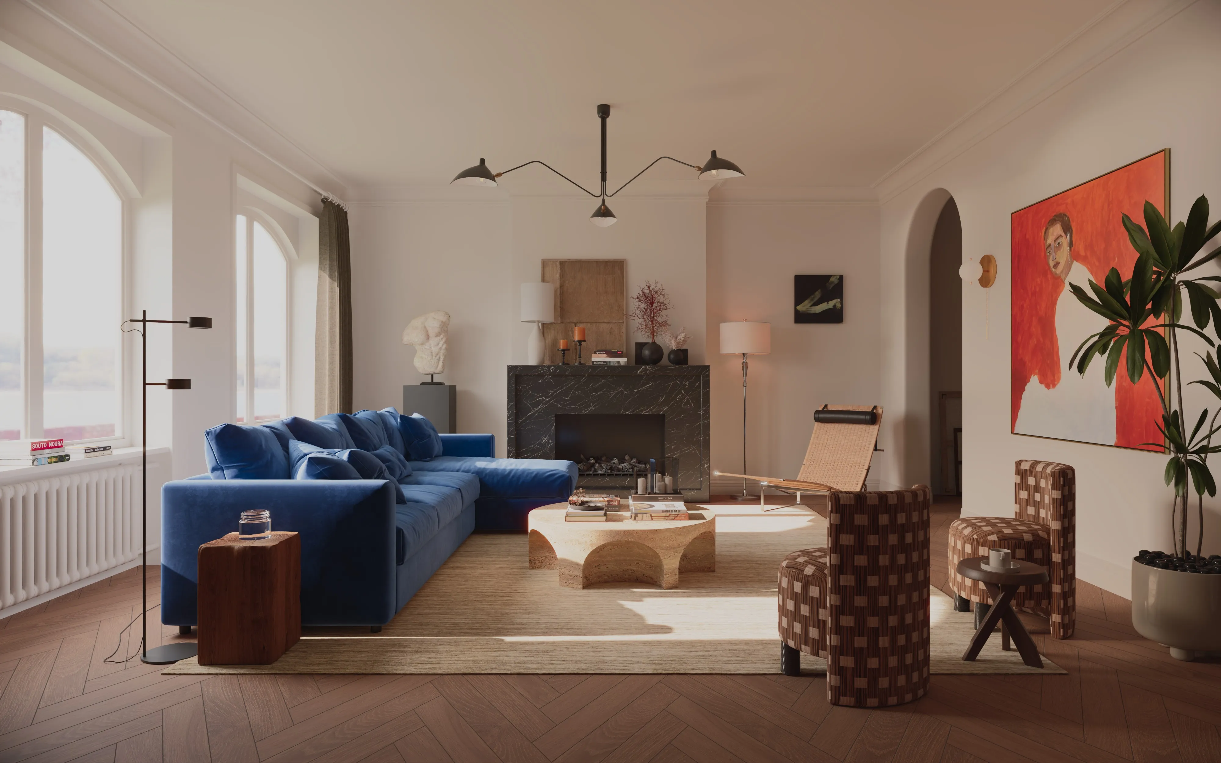 Modern living room with a blue velvet sofa, woven accent chairs, beige rug, a stone coffee table, black marble fireplace, and artwork on white walls.