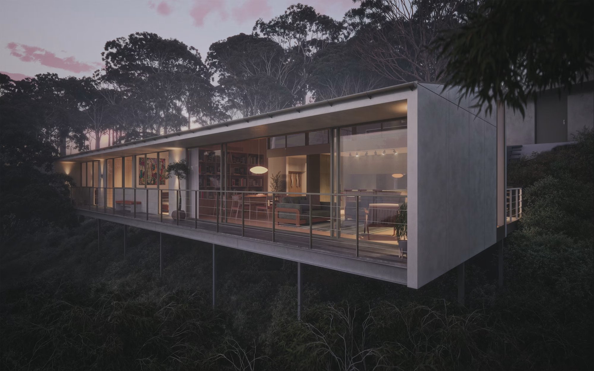 Timber-lined home cantilevered on slender posts among tall gum trees at dusk, lit warmly from inside.