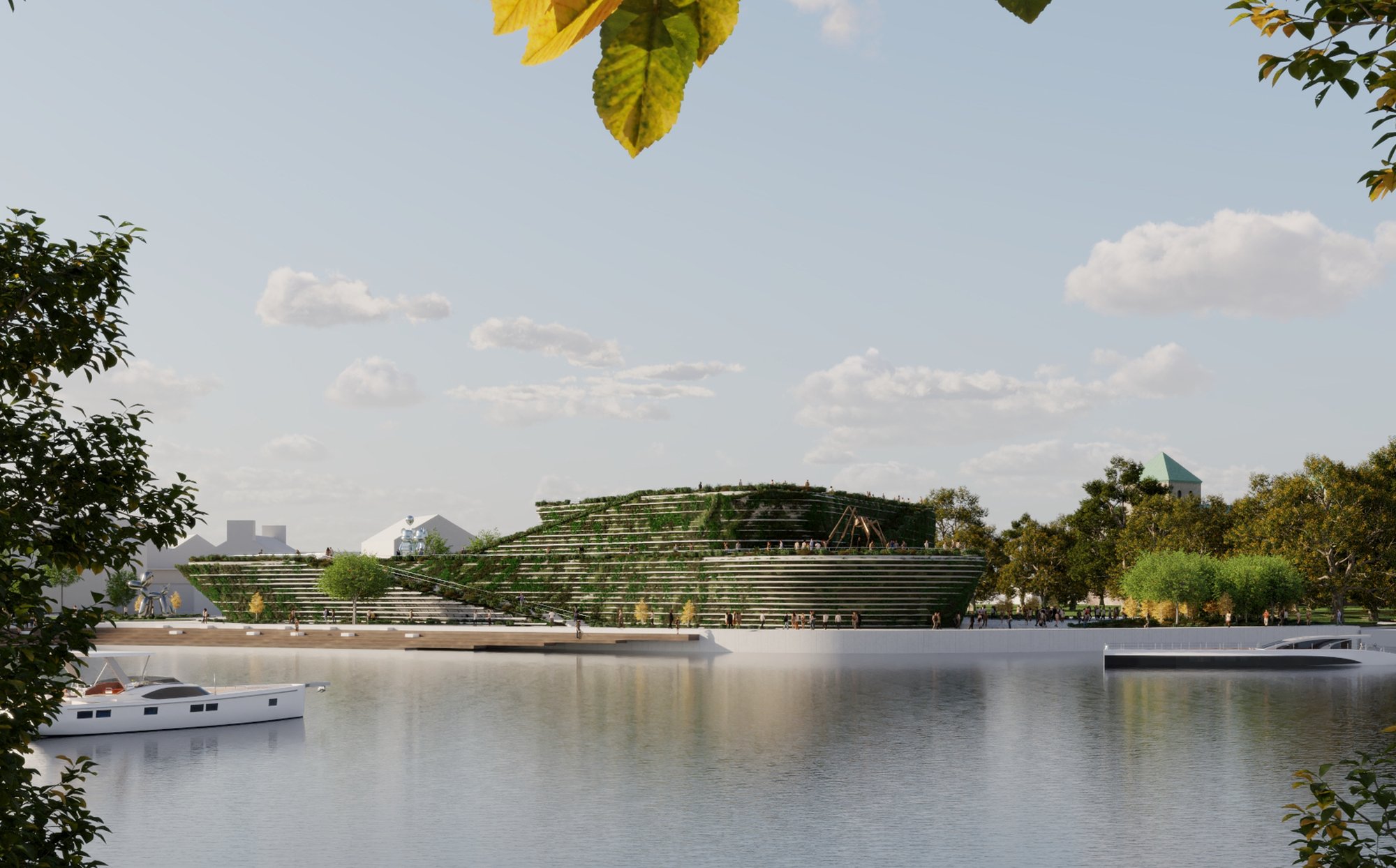 Terraced museum building covered in planting on the Turku waterfront, seen across the river through leaves, with a boat in the foreground.