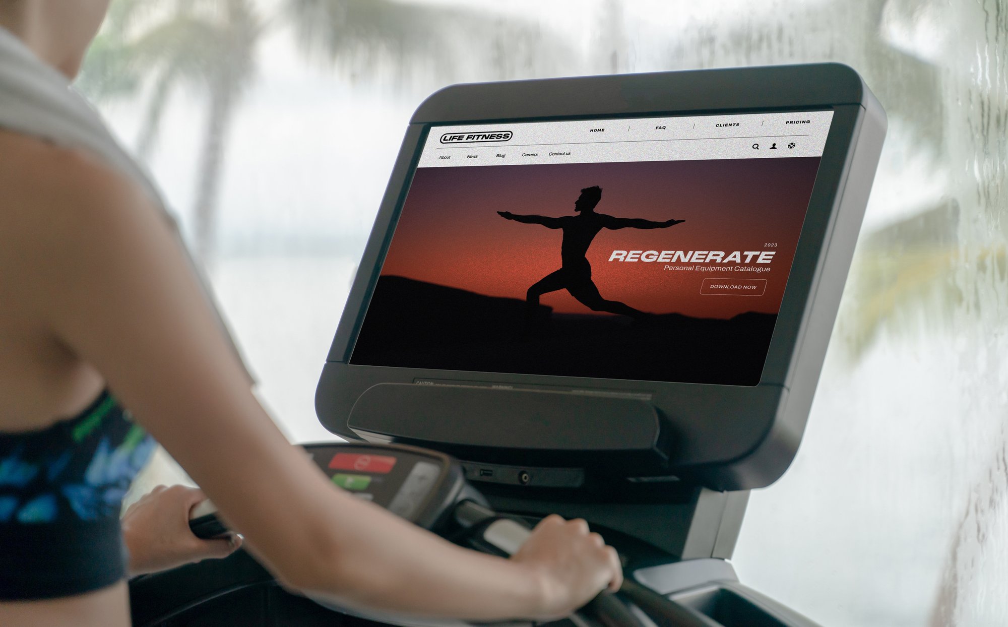 Treadmill console screen showing the Life Fitness REGENERATE interface, with a runner's hands on the handrail.