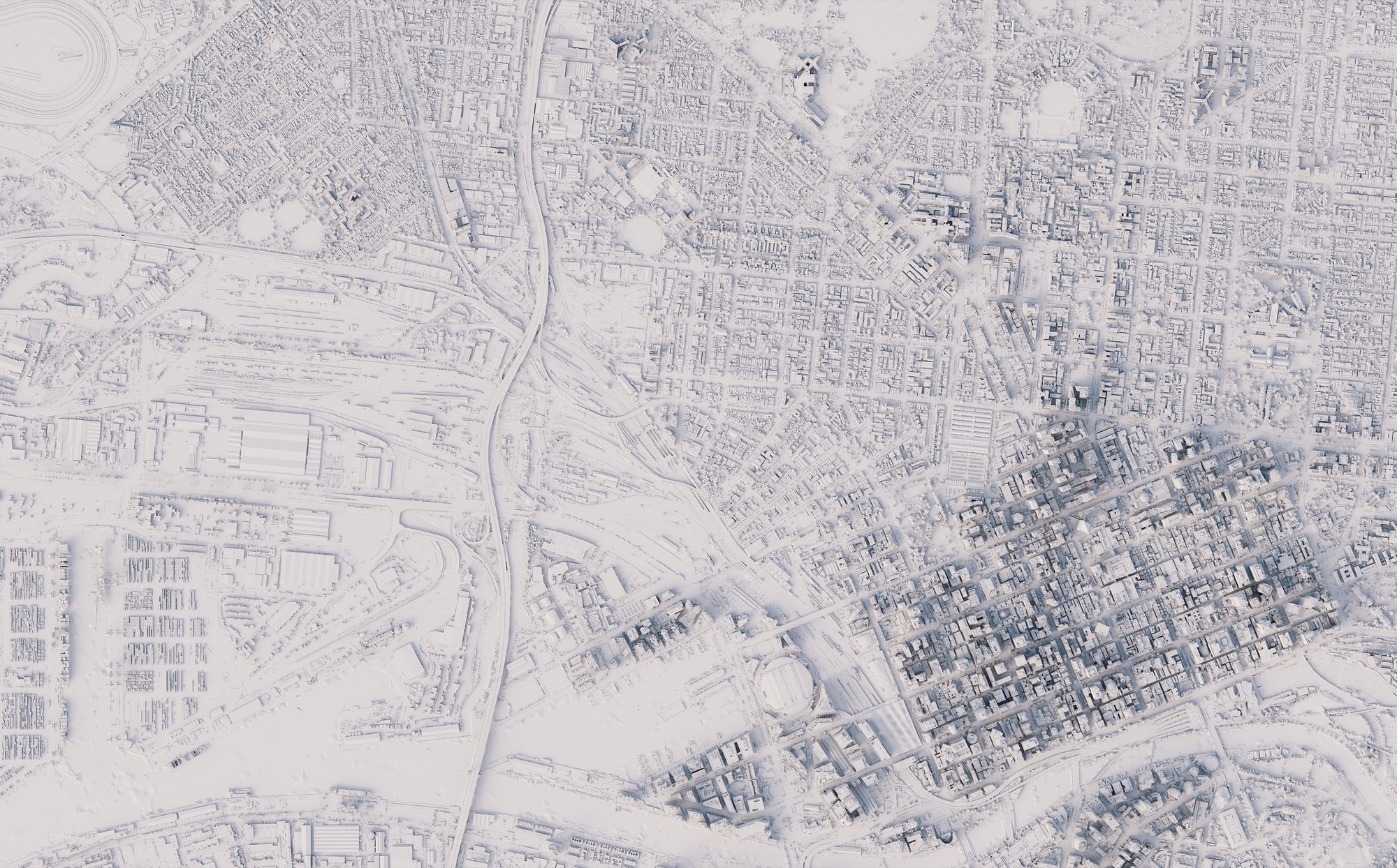 Pale relief map of central Melbourne, with the CBD's taller buildings shaded blue-grey.