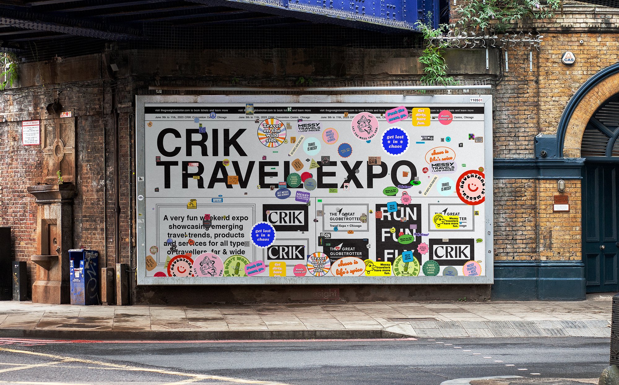 CRIK Travel Expo billboard covered in sticker-style graphics on a brick wall beside a street.