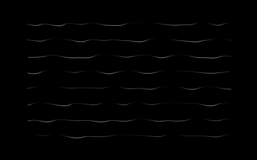 Thin white wave lines drifting across a black background, from the ENKODE generative animation.