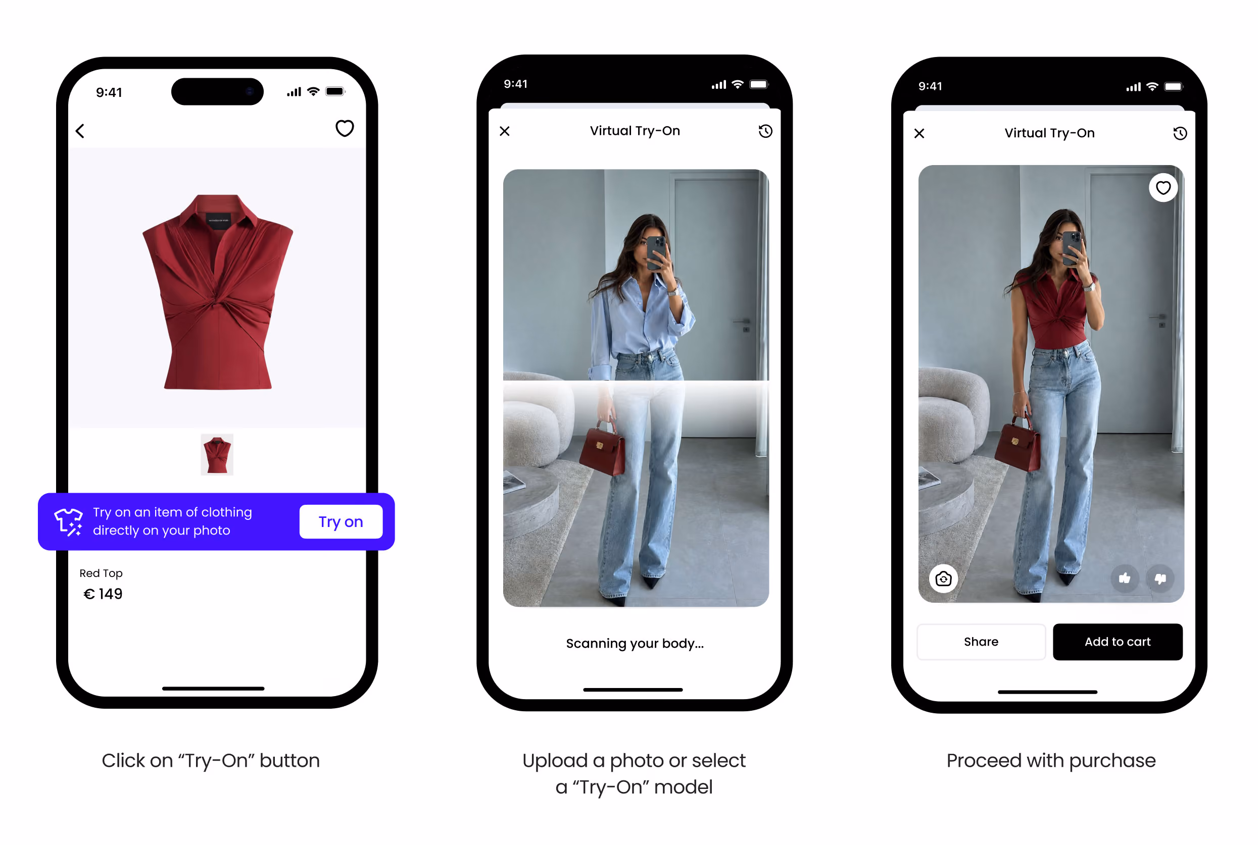 Three phone screens showing steps to virtually try on a sky blue dress: selecting the dress, scanning body, and viewing the dress on a model with options to share or add to cart.
