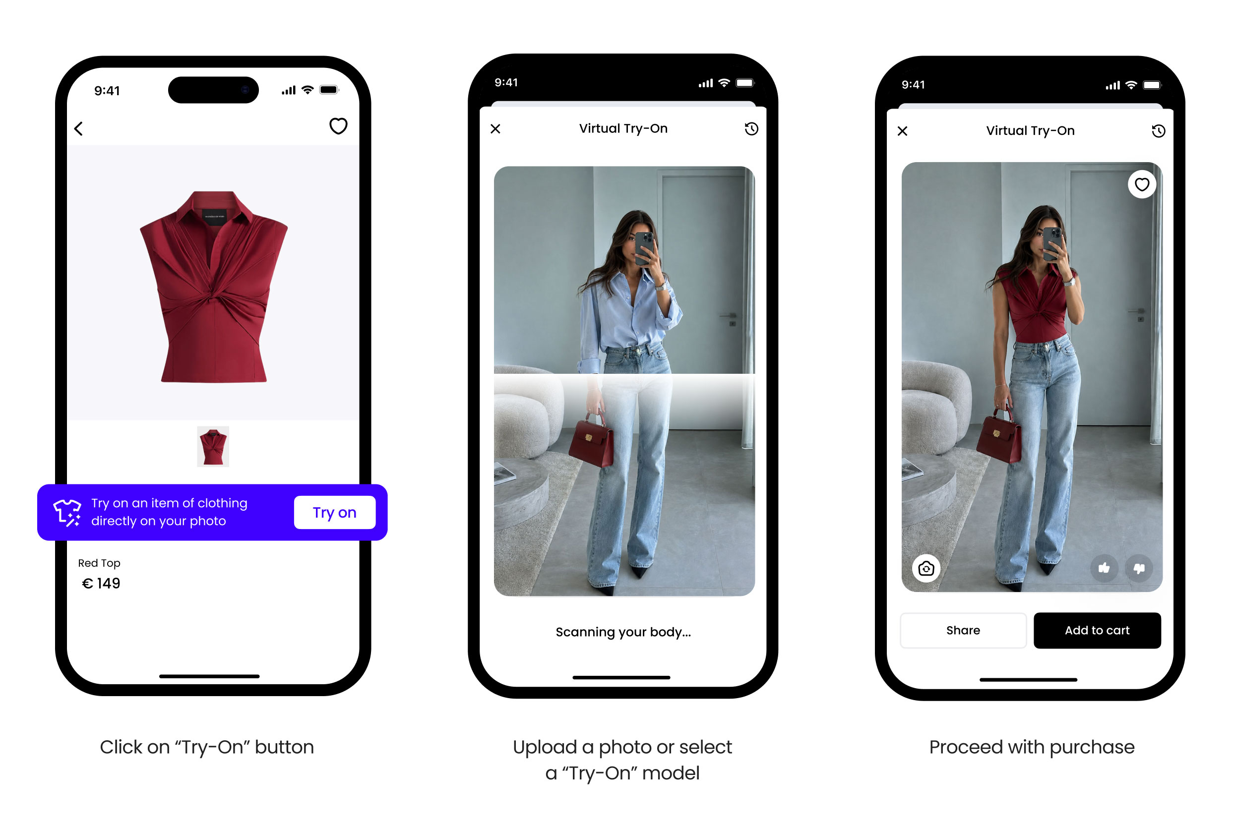Three phone screens showing steps to virtually try on a sky blue dress: selecting the dress, scanning body, and viewing the dress on a model with options to share or add to cart.