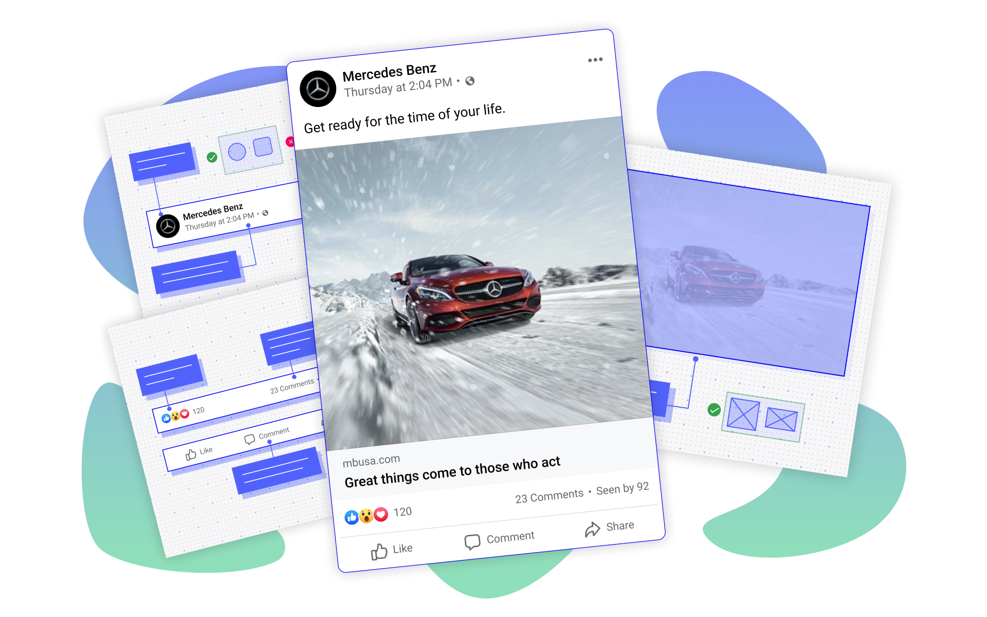 Image of a Facebook post with UI fanning behind it showing documentation specs.