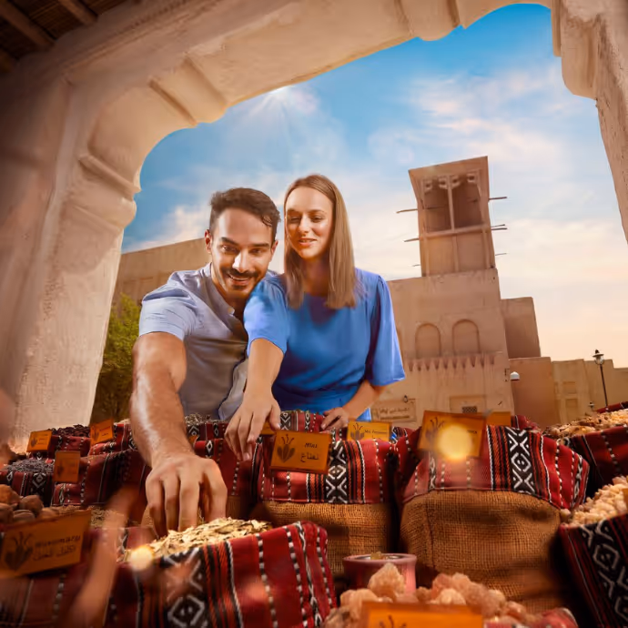 Smiling couple browsing traditional spice or souvenir sacks at an outdoor Middle Eastern market under an arched stone structure.