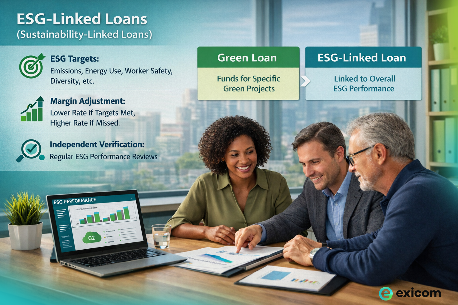 Concept illustration of an ESG-linked loan showing interest rates decreasing as sustainability performance targets are met.