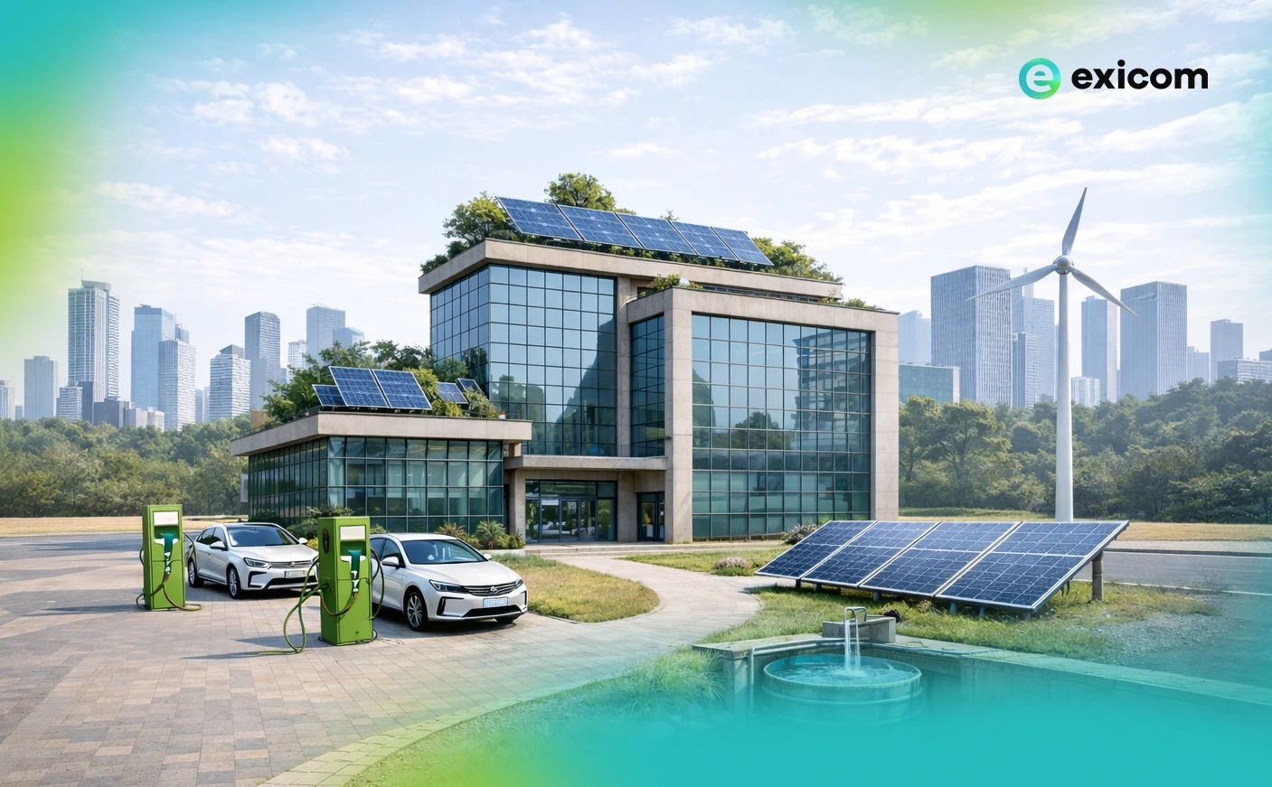 Modern commercial building achieving LEED v4.1 Platinum certification with visible solar and EV charging infrastructure.