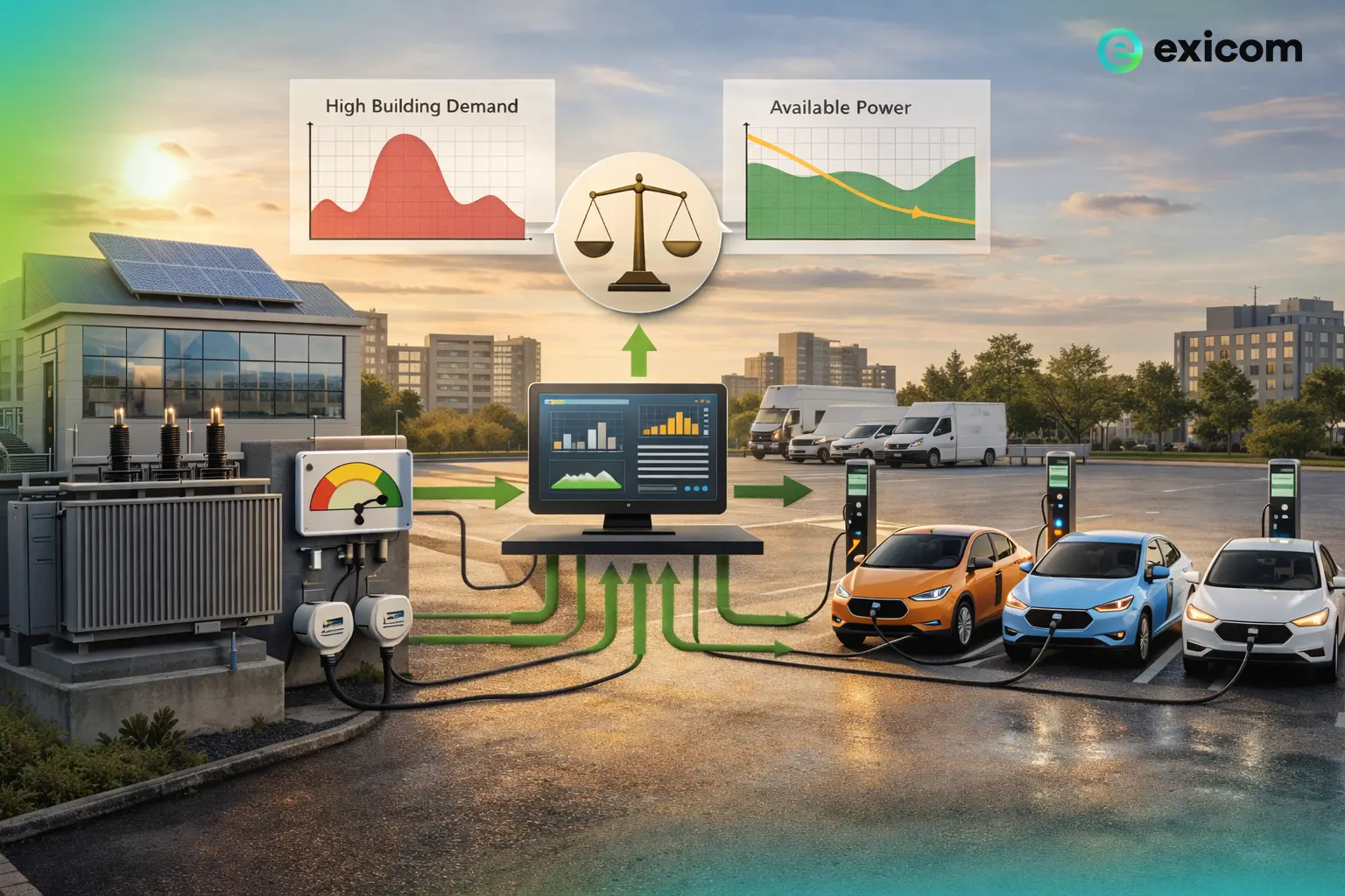 Diagram of dynamic load balancing for EV charging showing real-time power distribution between a building's electrical load and multiple vehicle chargers to prevent grid overload.