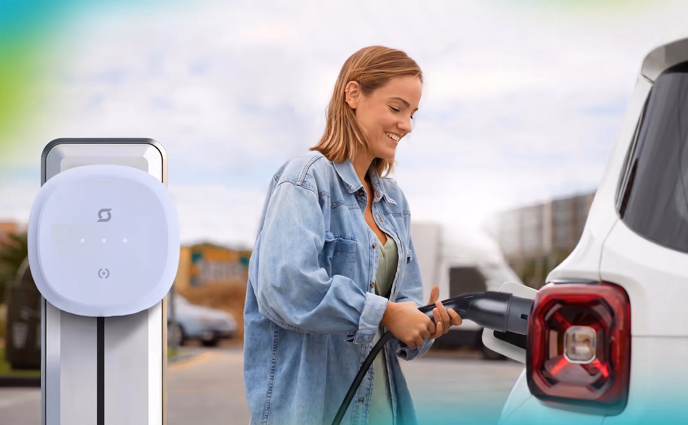 Futuristic home EV charger setup with smart charger and battery energy storage system.